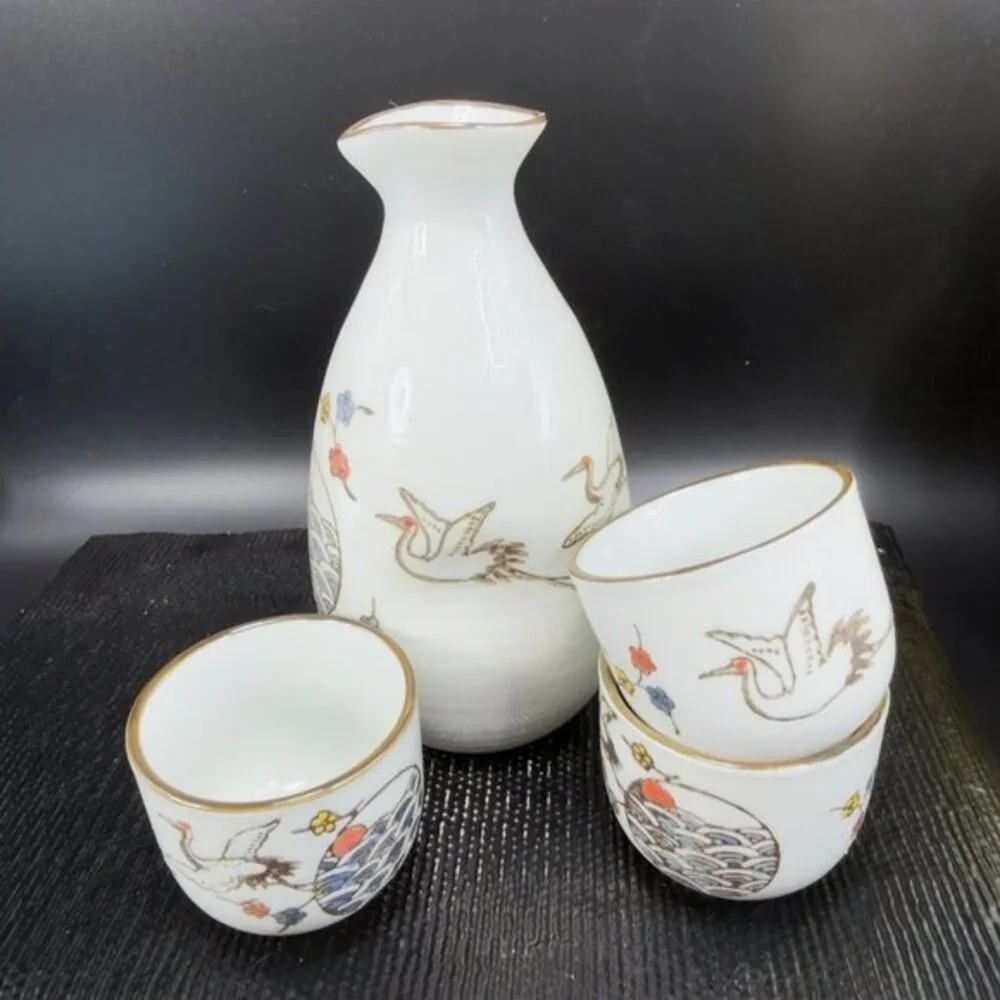 Japanese Ceramic Sake Set Bottle Jug Pitcher 3 Cups Stork Bird Pattern Stoneware